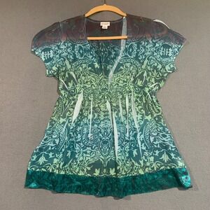 Y2K Motherhood Maternity Womens L Teal Green Babydoll Top Short Sleeve Fairy